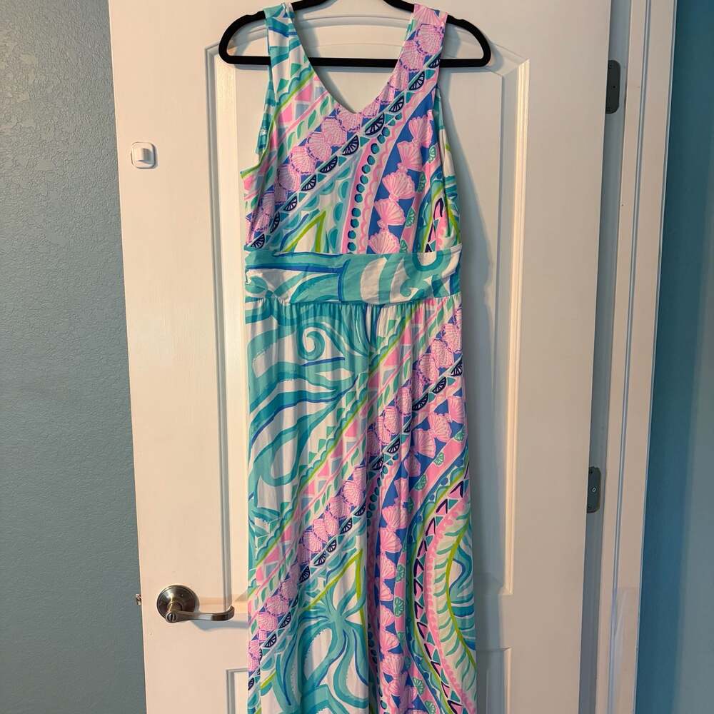 Lilly Pulitzer Maxi Dress Size L Pink Blue Green Shell Pattern Sleeveless